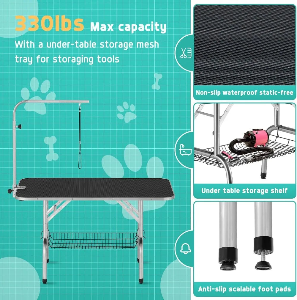 46'' Heavy-Duty Foldable Dog Grooming Table with Adjustable Arm & Noose
