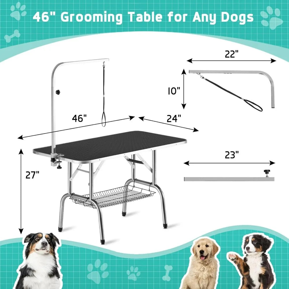 46'' Heavy-Duty Foldable Dog Grooming Table with Adjustable Arm & Noose