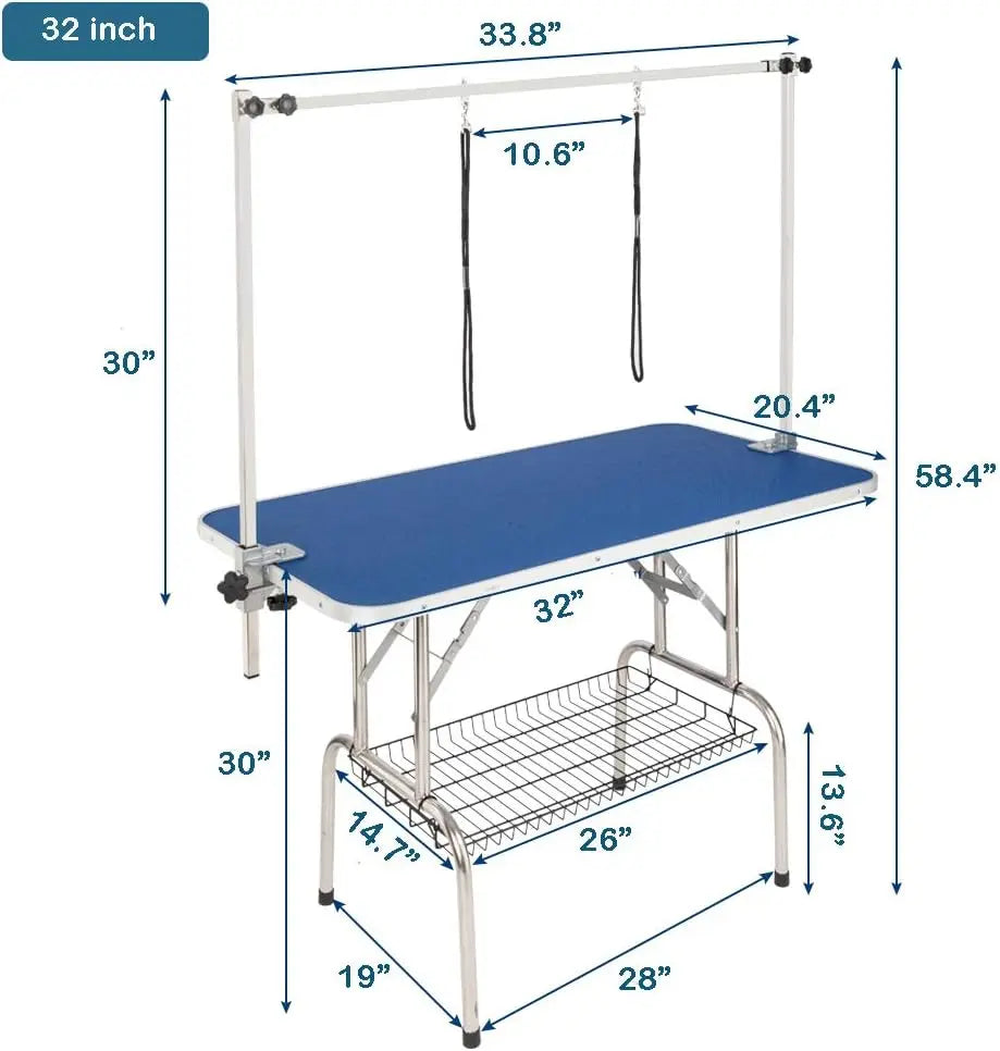 32'' Portable Dog Grooming Table with Adjustable Arm, Noose & Mesh Tray