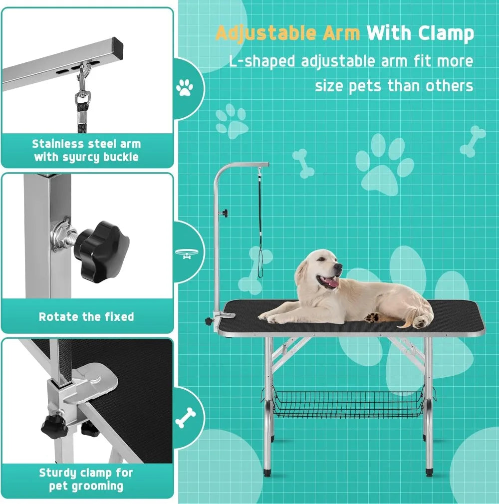 46'' Heavy-Duty Foldable Dog Grooming Table with Adjustable Arm & Noose